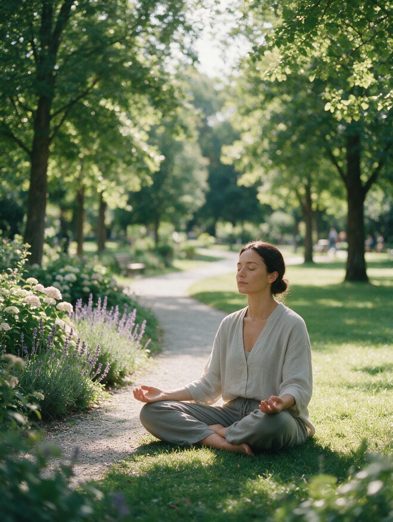 A woman meditating outdoors